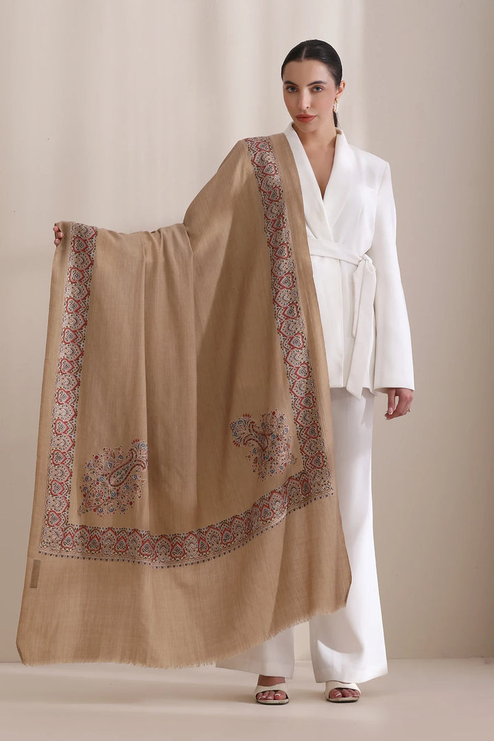 Vibhuti Intricate Embroidered Fine Wool Shawl Shawl with Four Side Border Shawl