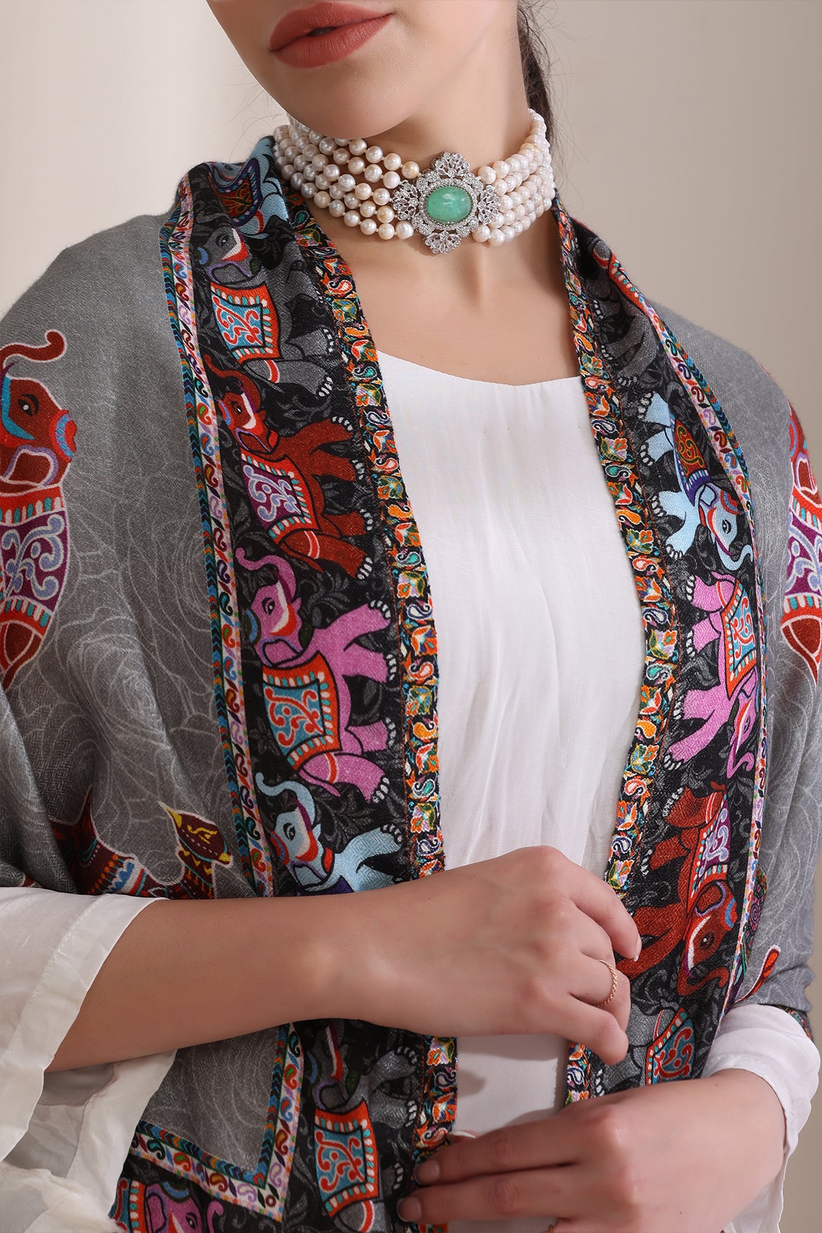 Happy Elephant Multicolor Faux Pashmina Stole