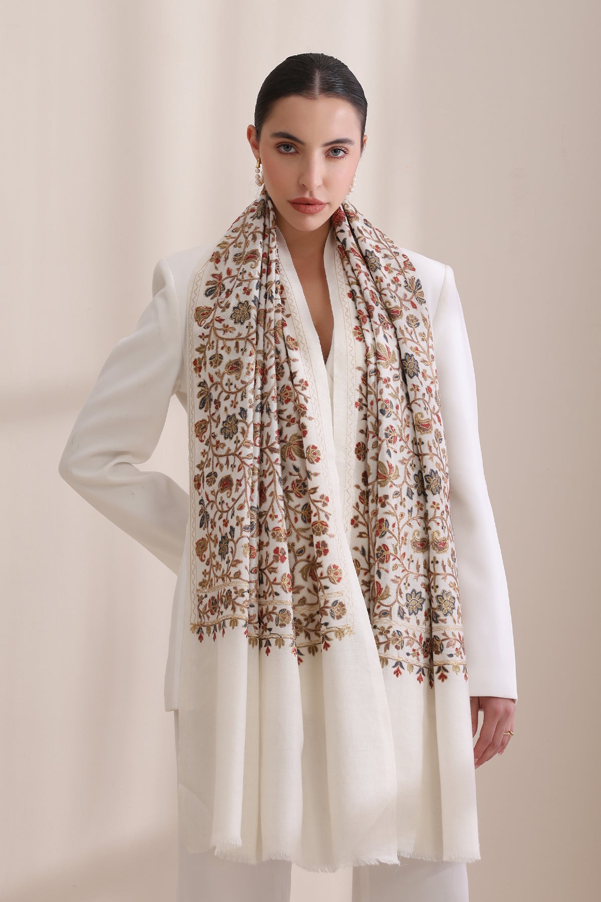 -  Maya Allover embroidered stole, Cashmere Fine Wool Stole