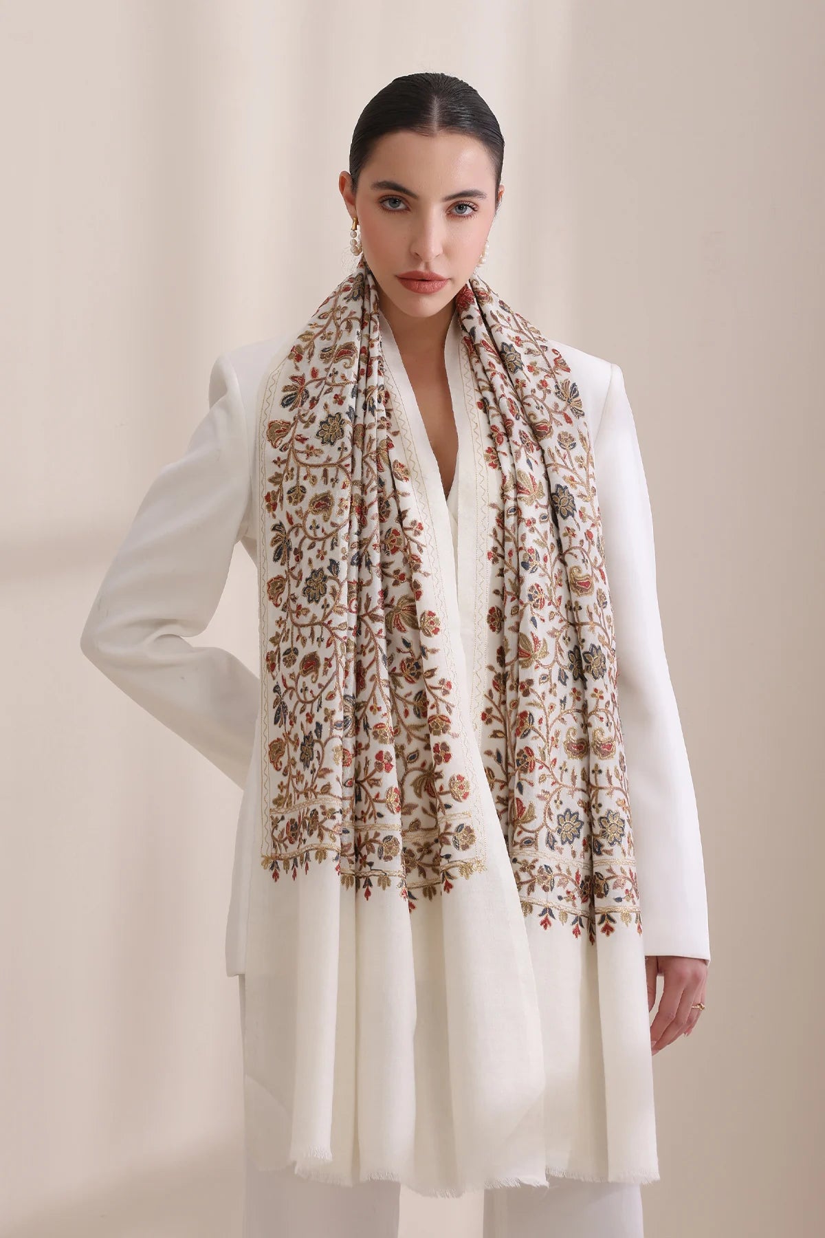 Maya Allover embroidered stole, Cashmere Fine Wool Stole