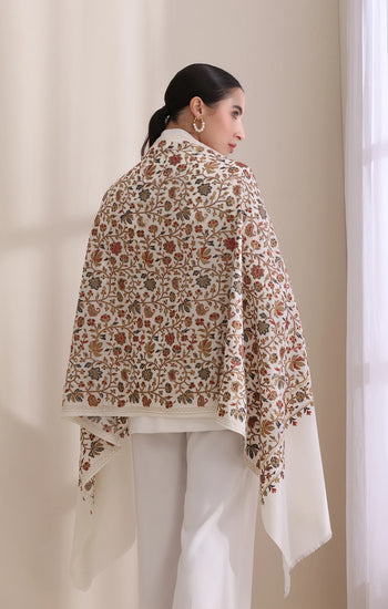 Maya Allover embroidered stole, Cashmere Fine Wool Stole