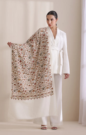 Maya Allover embroidered stole, Cashmere Fine Wool Stole