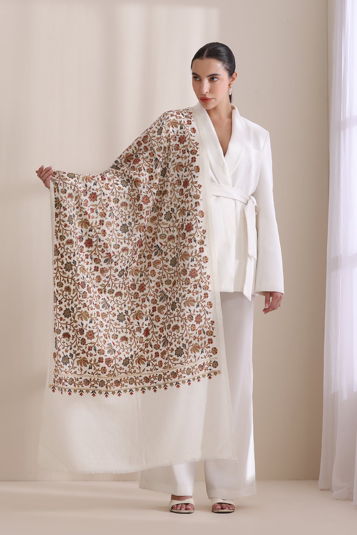 -  Maya Allover embroidered stole, Cashmere Fine Wool Stole