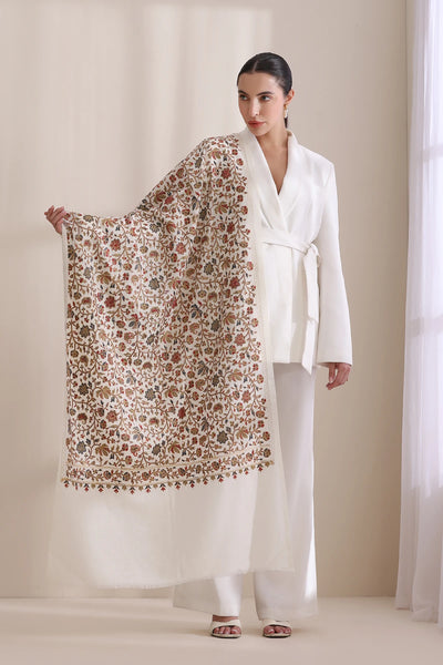 Maya Allover embroidered stole, Cashmere Fine Wool Stole