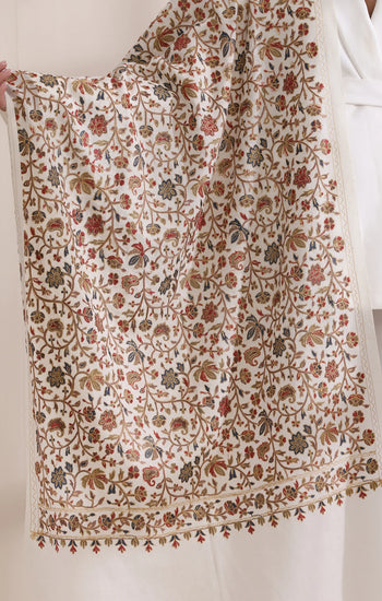 Maya Allover embroidered stole, Cashmere Fine Wool Stole