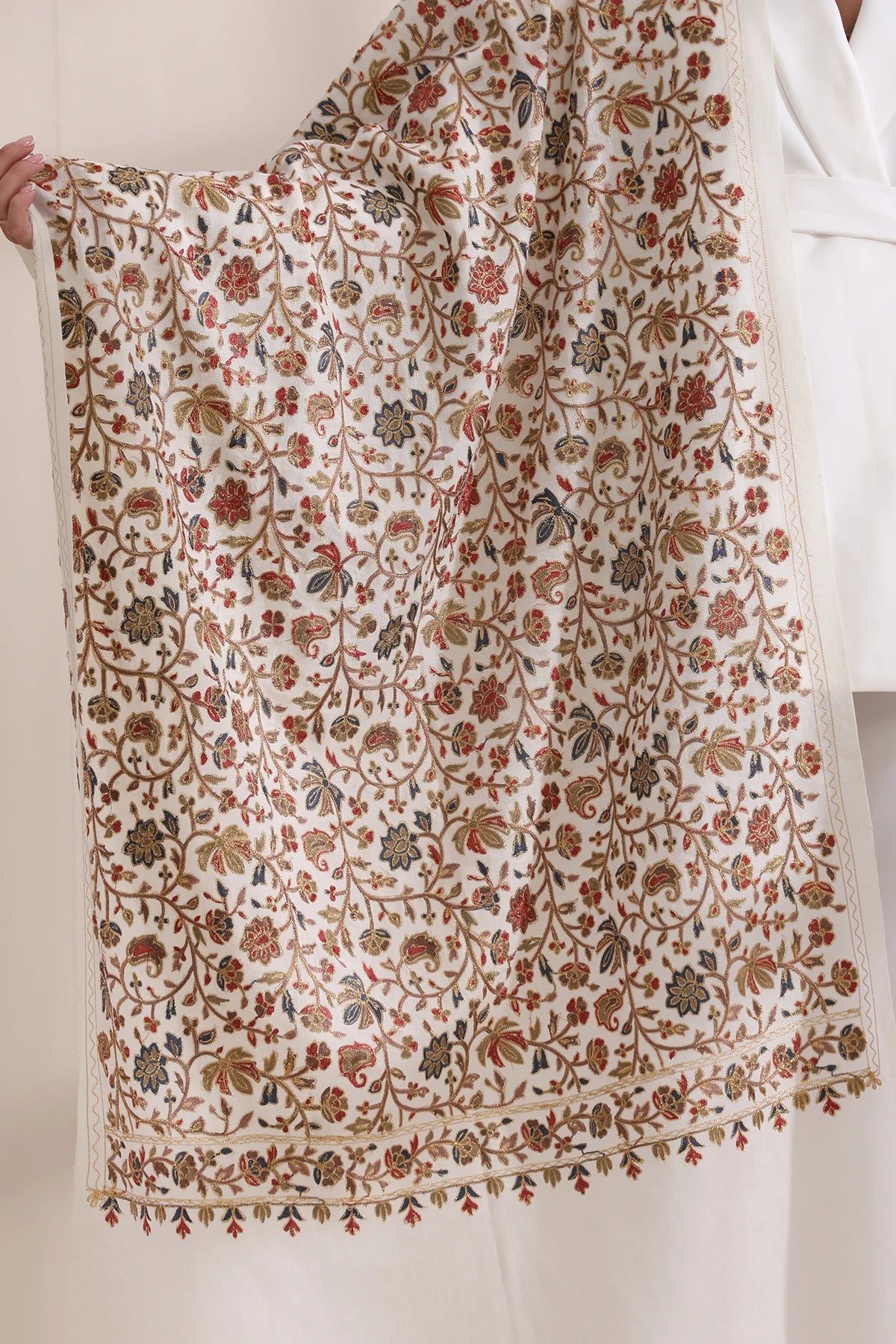 Maya Allover embroidered stole, Cashmere Fine Wool Stole