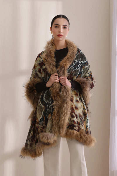 Iris Cashmere Animal Printed Stole With High Quality Fur