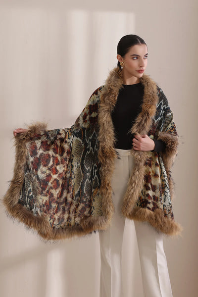 Iris Cashmere Animal Printed Stole With High Quality Fur