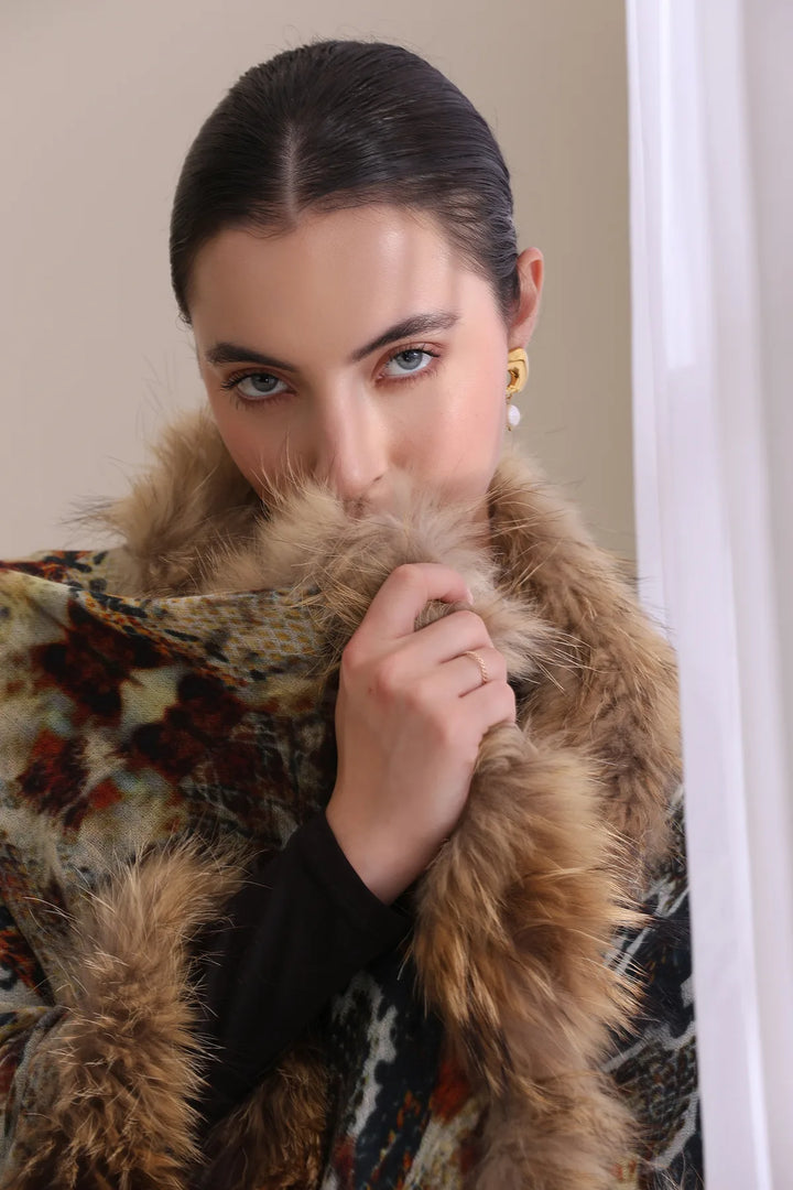 Iris Cashmere Animal Printed Stole With High Quality Fur