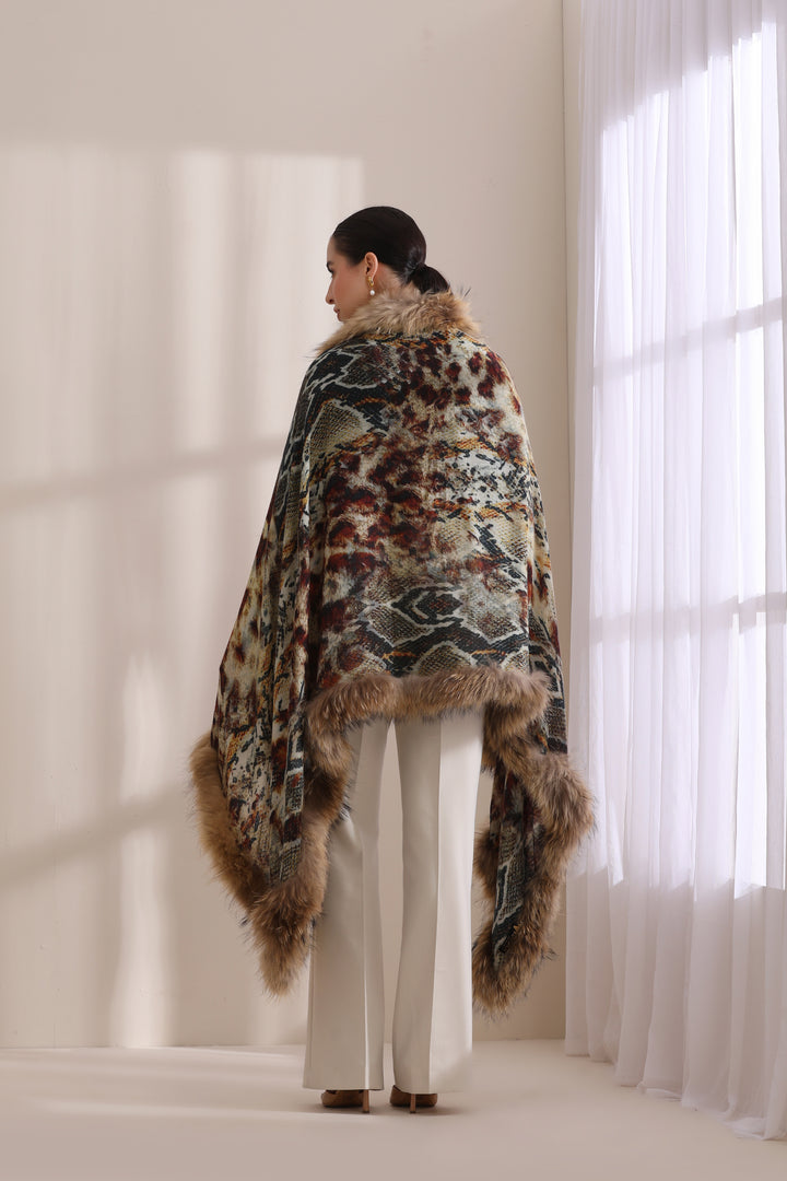 Iris Cashmere Animal Printed Stole With High Quality Fur