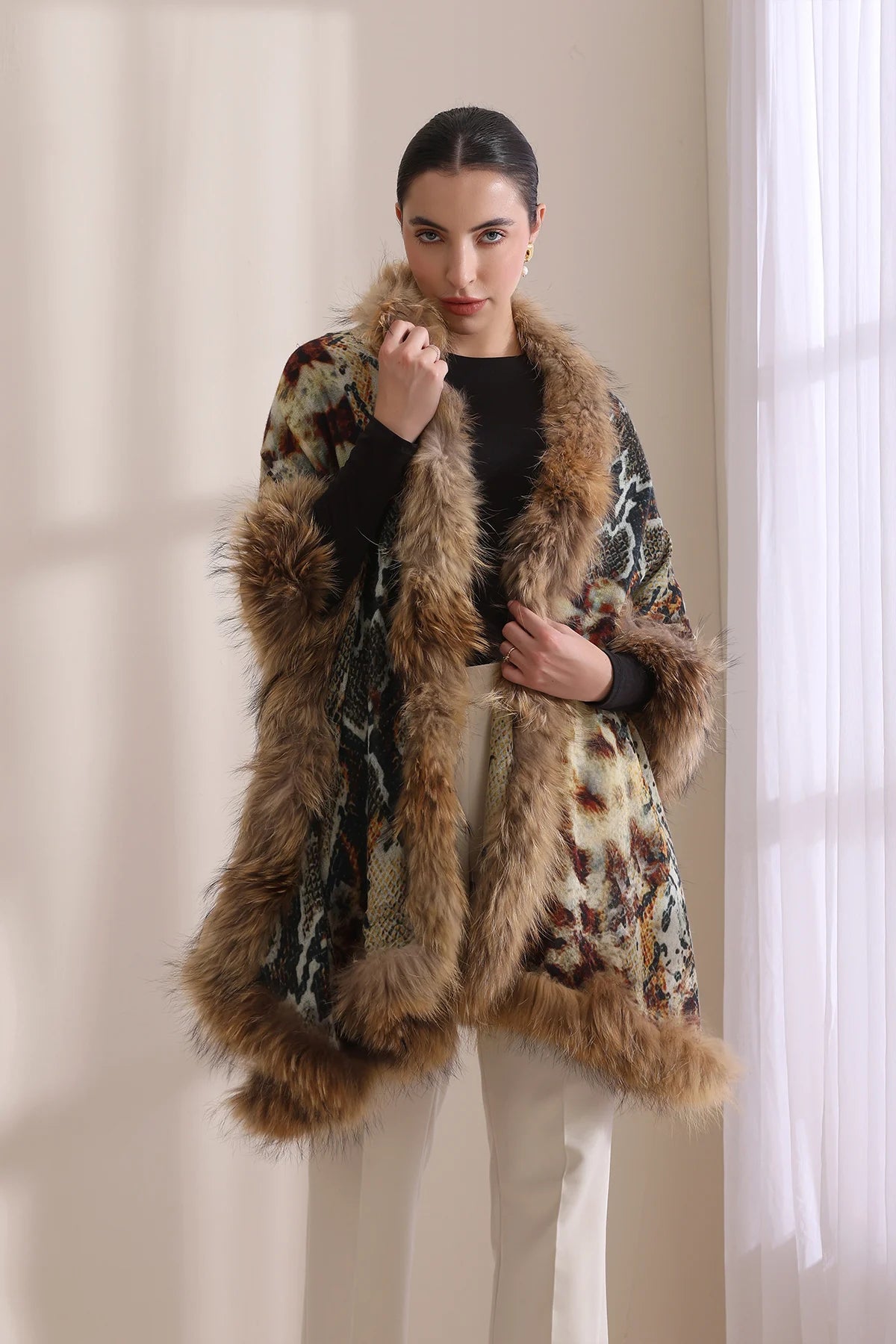 Iris Cashmere Animal Printed Stole With High Quality Fur