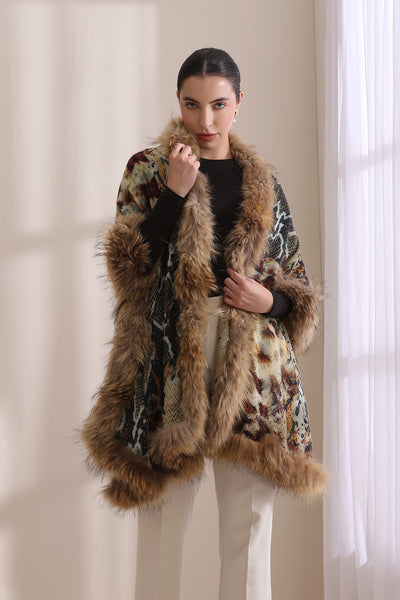 -  Iris Cashmere Animal Printed Stole With High Quality Fur