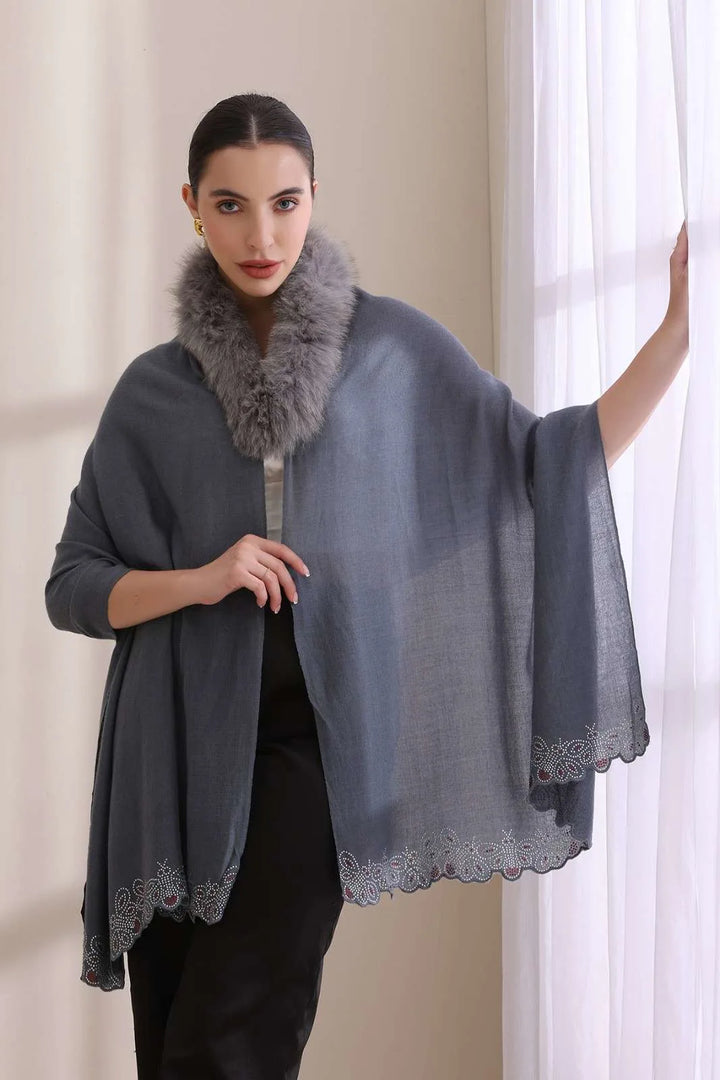 Naira Collared Fur with Butterfly Boreder Stone Work Stole
