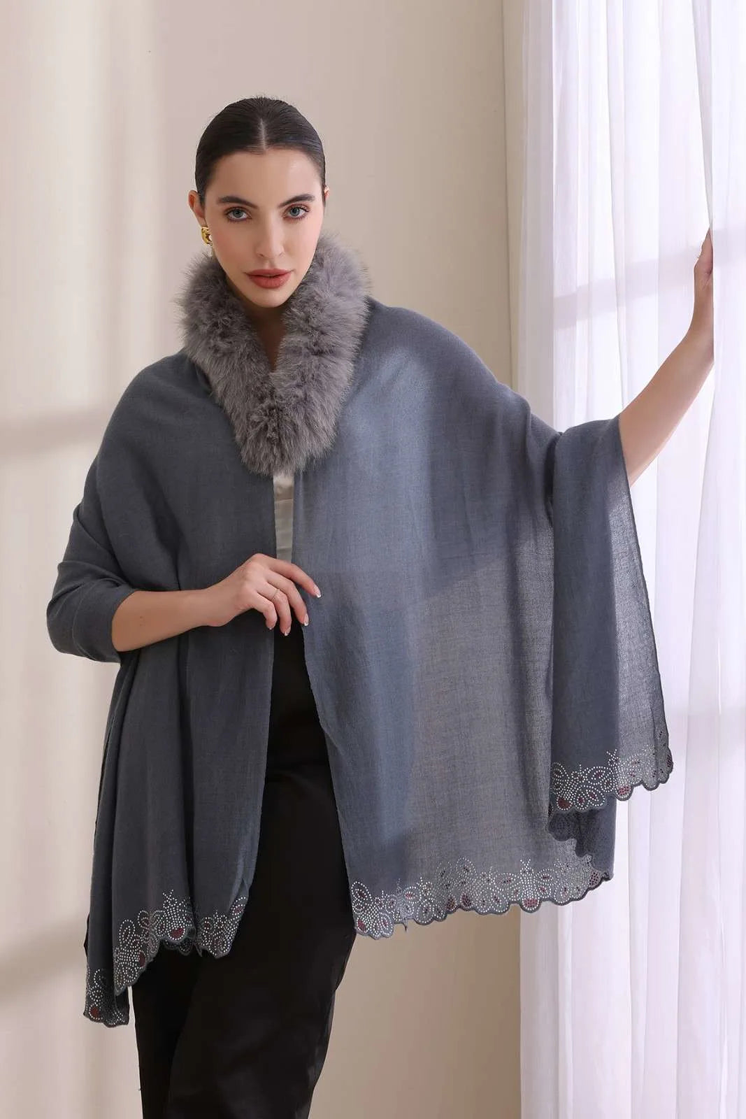 Naira Collared Fur with Butterfly Boreder Stone Work Stole