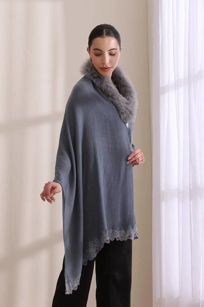 Naira Collared Fur with Butterfly Boreder Stone Work Stole