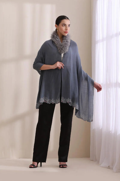 Naira Collared Fur with Butterfly Boreder Stone Work Stole