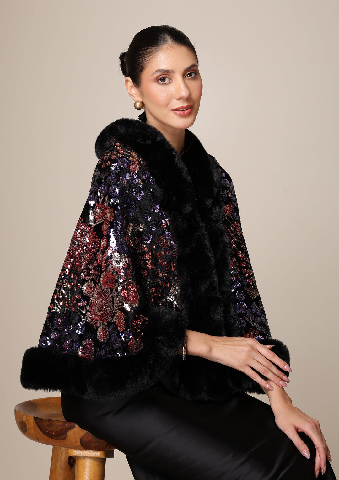 Dusala Aurora Sequin Vegan Fur Cape X FARHANA BODI