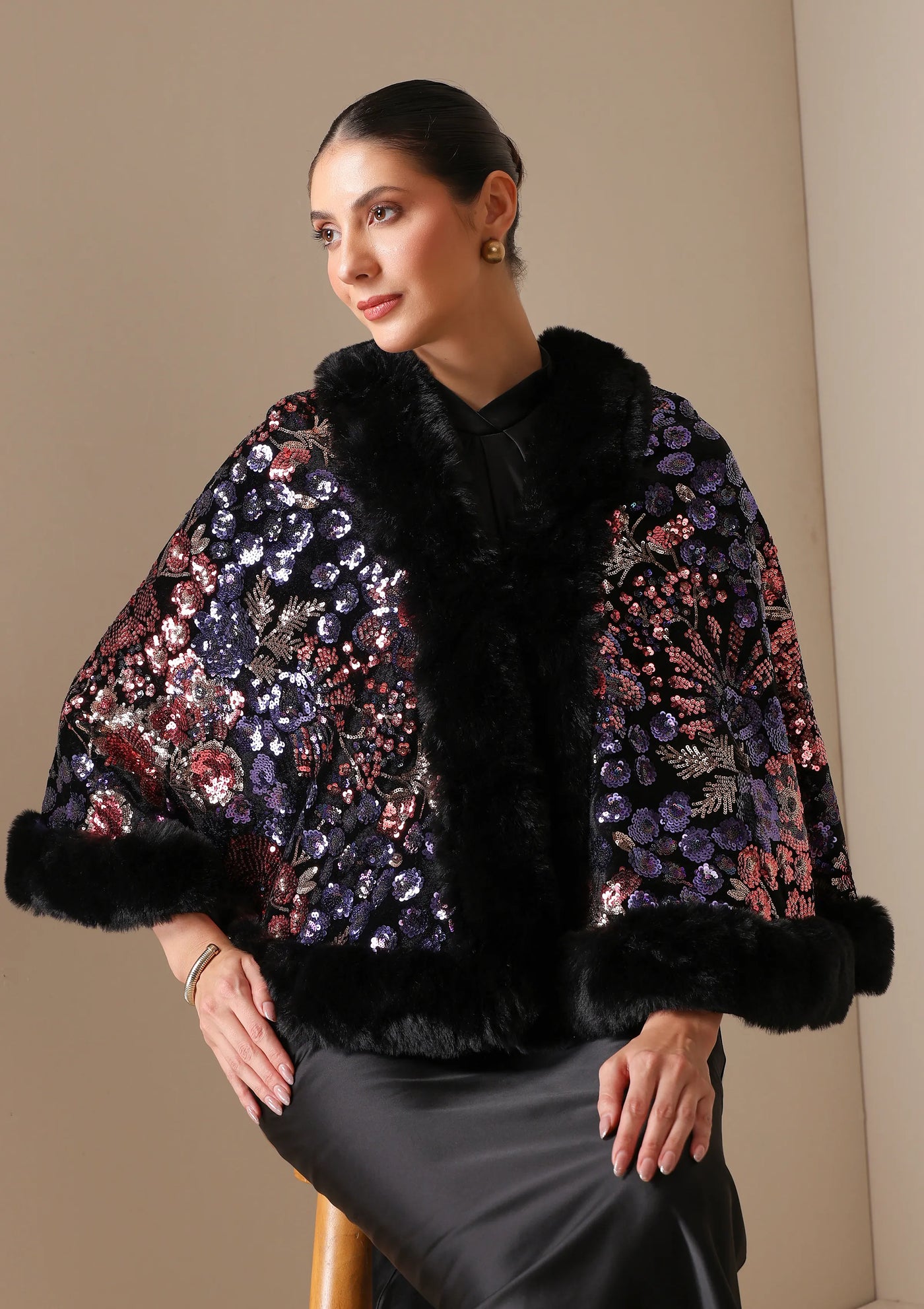 Dusala Aurora Sequin Vegan Fur Cape