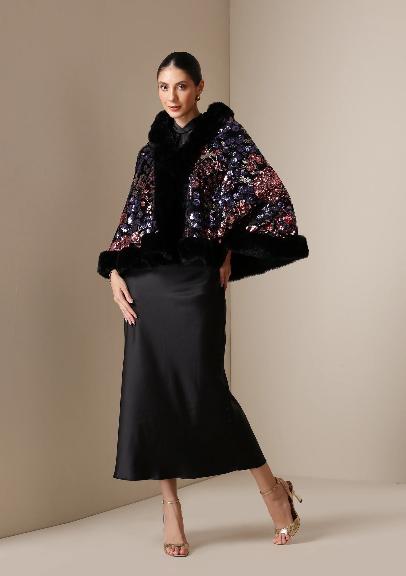 Dusala Aurora Sequin Vegan Fur Cape