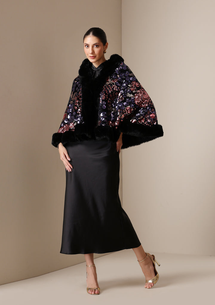 Dusala Aurora Sequin Vegan Fur Cape X FARHANA BODI