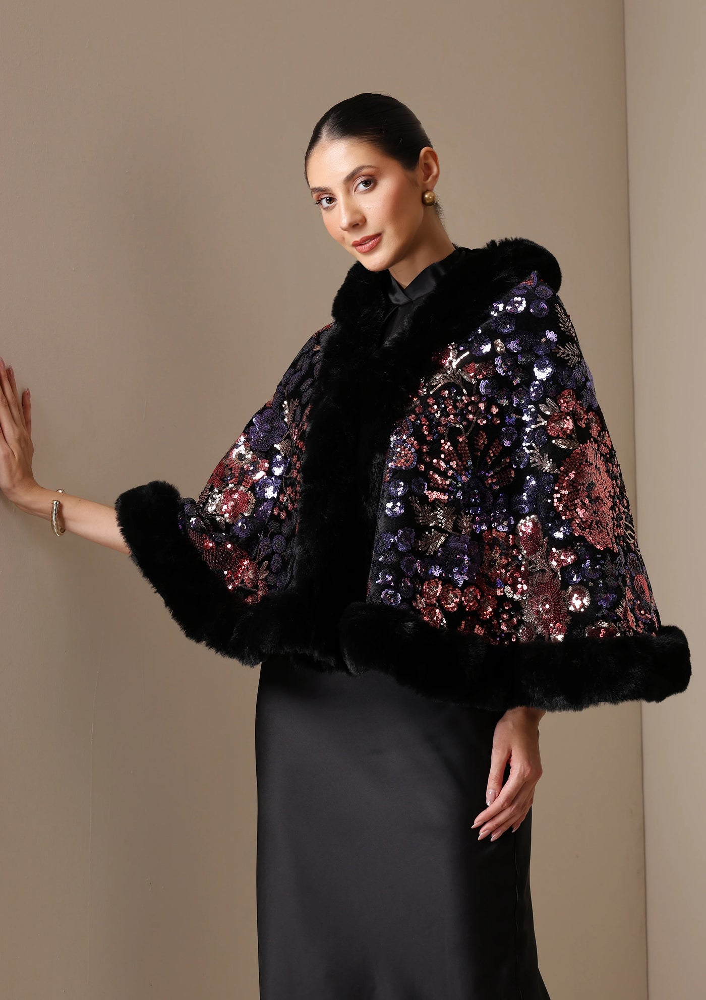 Dusala Aurora Sequin Vegan Fur Cape