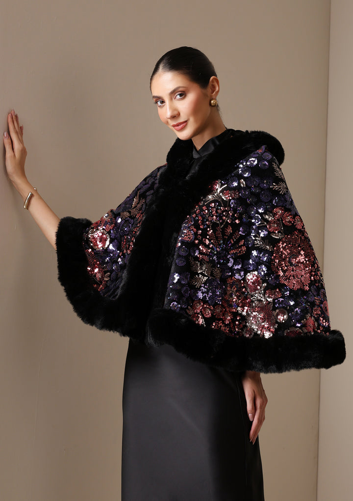 Dusala Aurora Sequin Vegan Fur Cape X FARHANA BODI