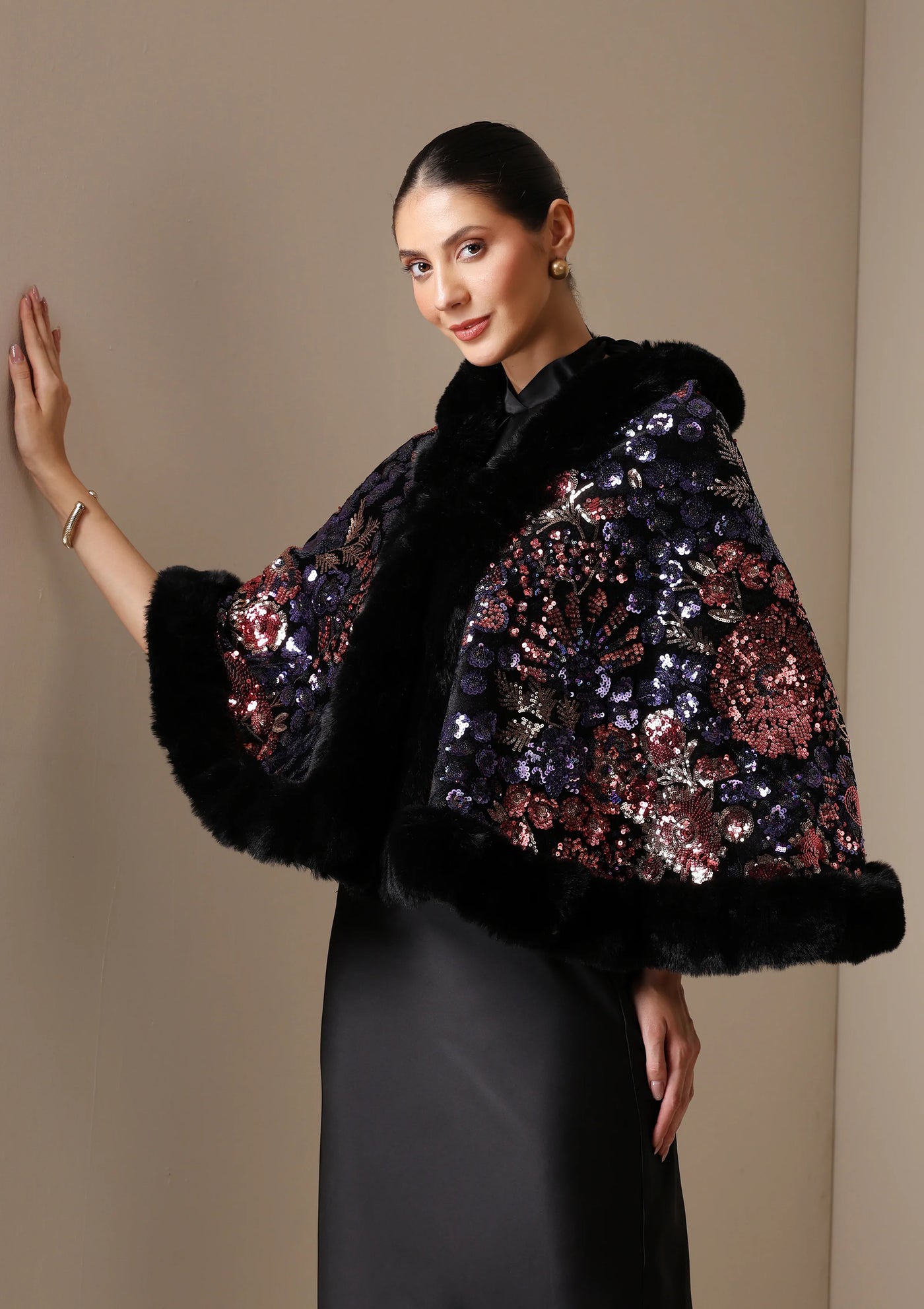Dusala Aurora Sequin Vegan Fur Cape