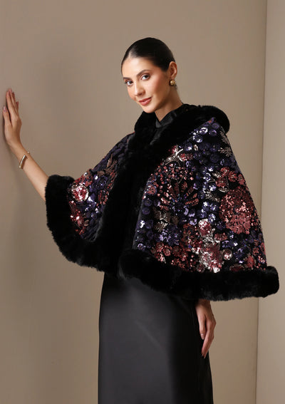 Dusala Aurora Sequin Vegan Fur Cape