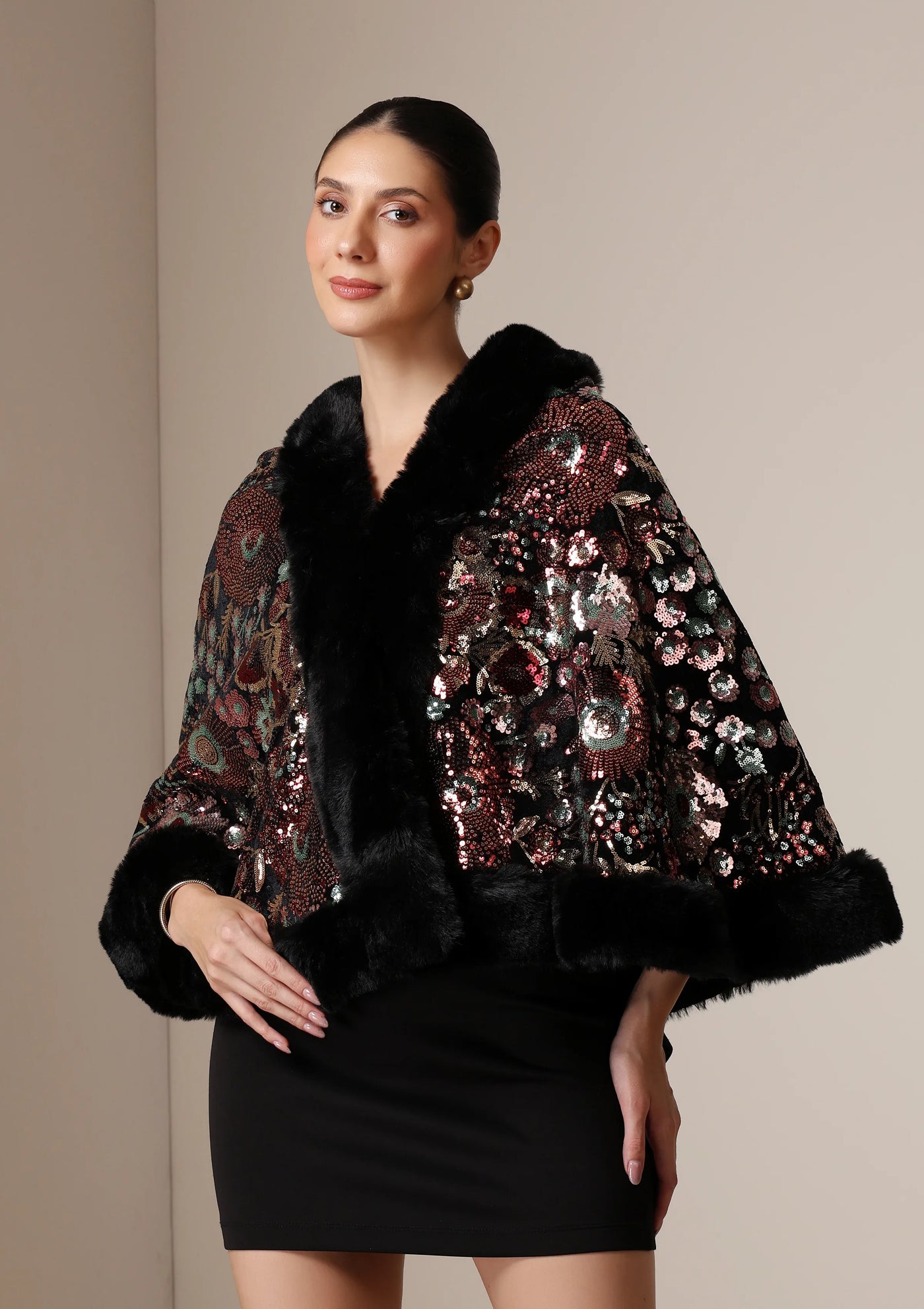 Dusala Aurora Sequin Vegan Fur Cape