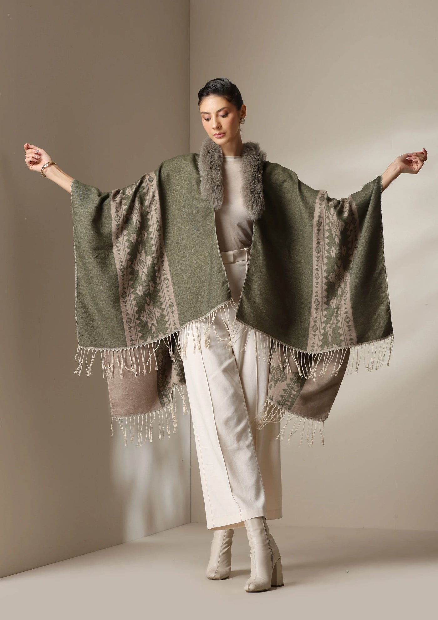 Dusala Olive Mist Vegan Fur Cape