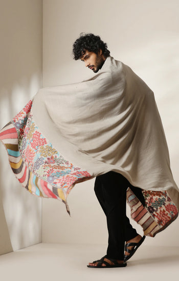 Dusala Ivory Bloom Pashmina Silk kani Shawl for Men