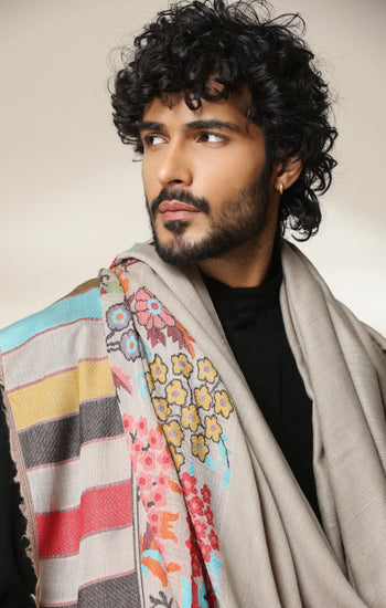Dusala Ivory Bloom Pashmina Silk kani Shawl for Men