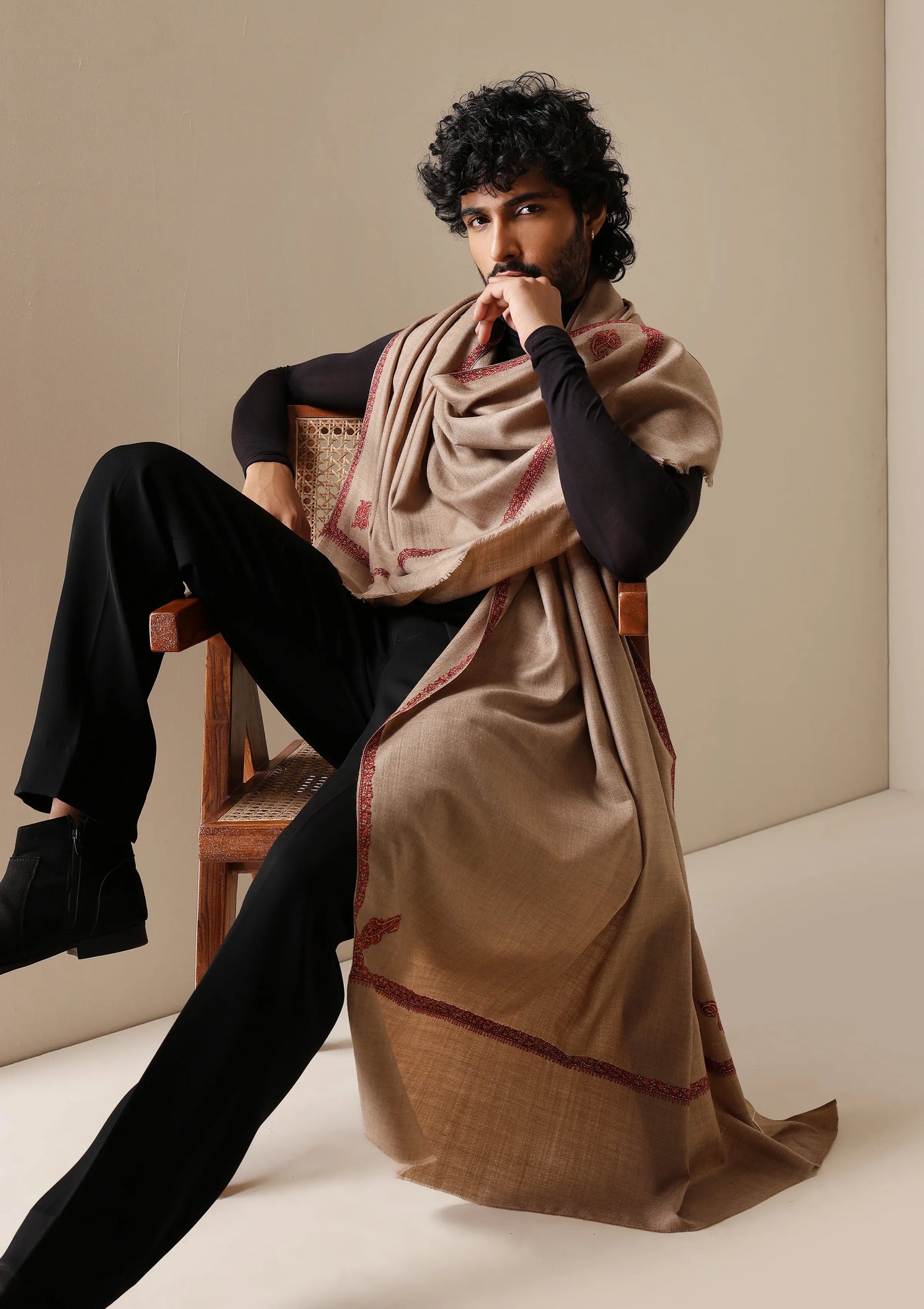 Dusala Classic Beige Harshi Border Shawl for Men & Women