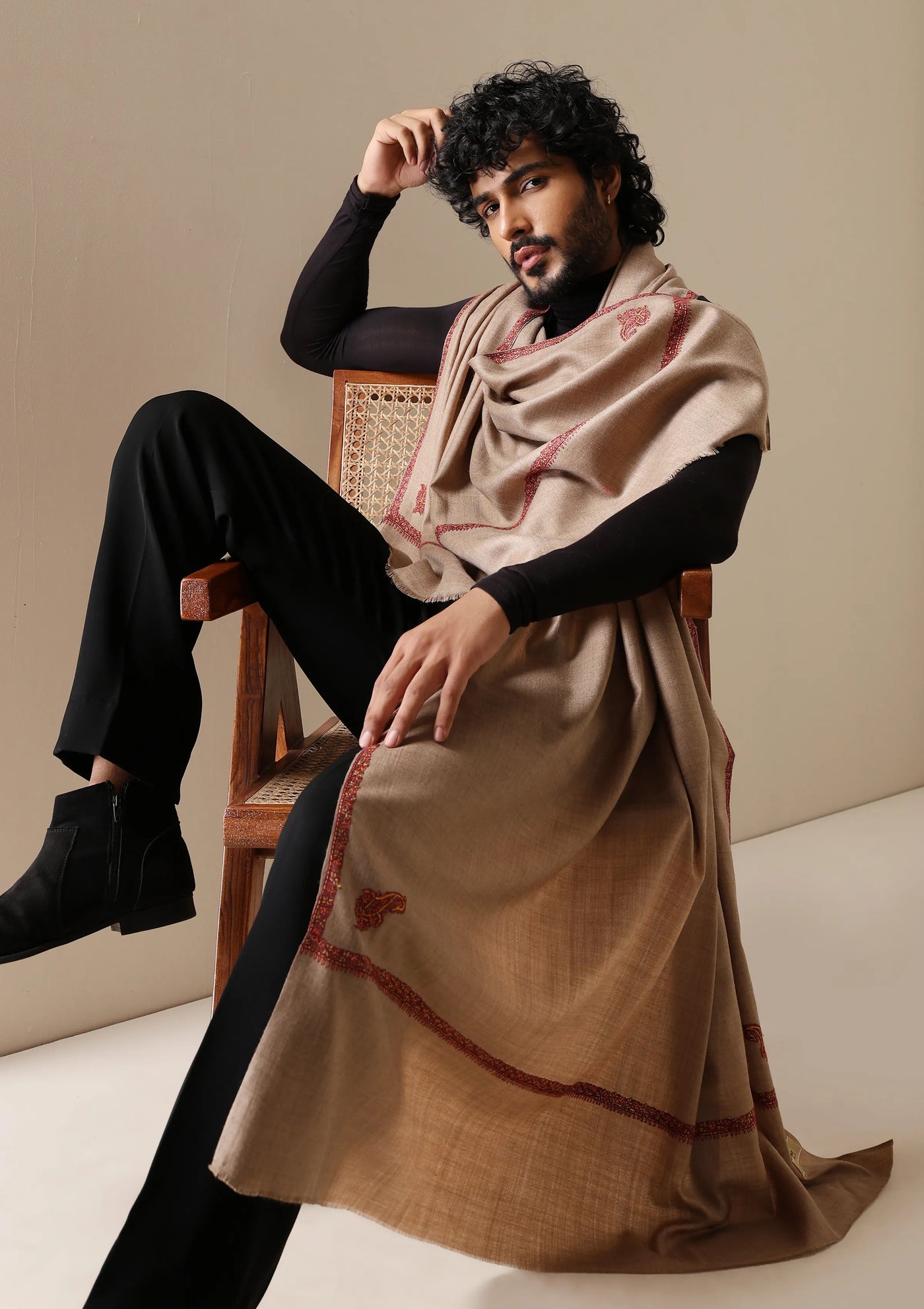 Dusala Classic Beige Harshi Border Shawl for Men & Women