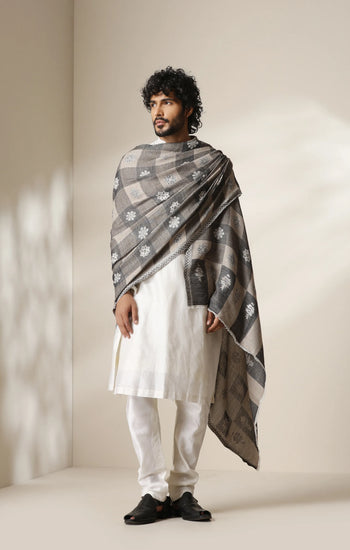 Dusala Grey Heritage Kani Check Shawl for Men & Women