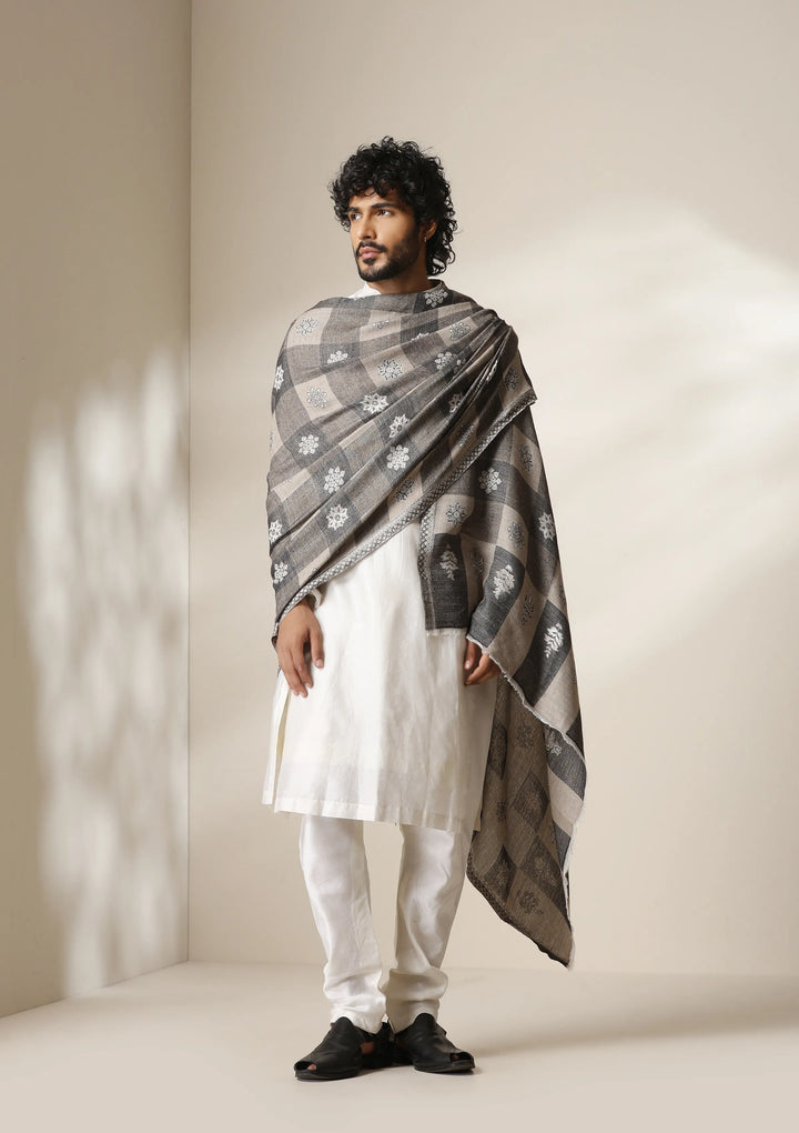 Dusala Grey Heritage Kani Check Shawl for Men &amp; Women