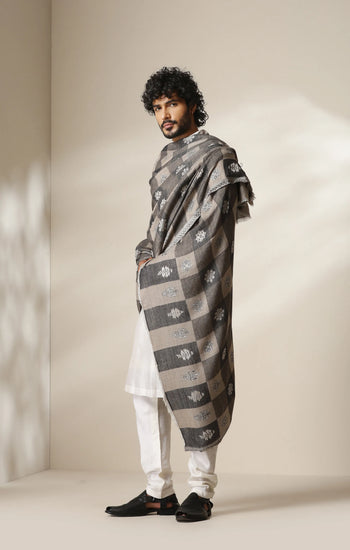 Dusala Grey Heritage Kani Check Shawl for Men & Women