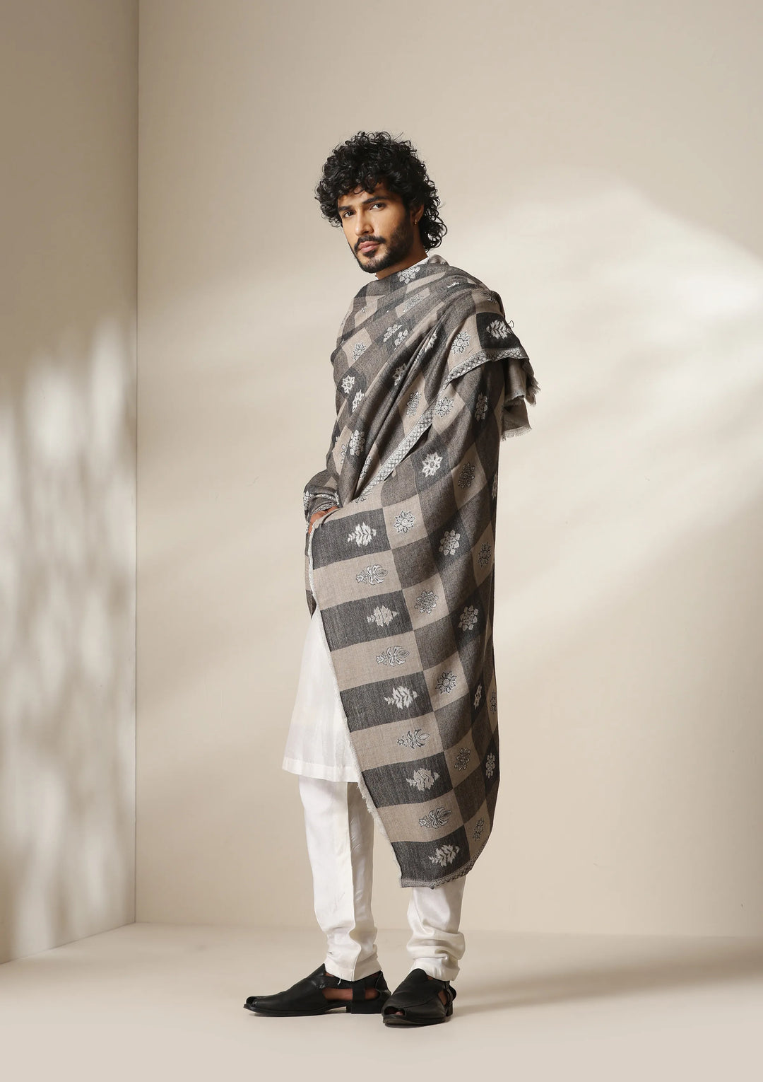 Dusala Grey Heritage Kani Check Shawl for Men &amp; Women