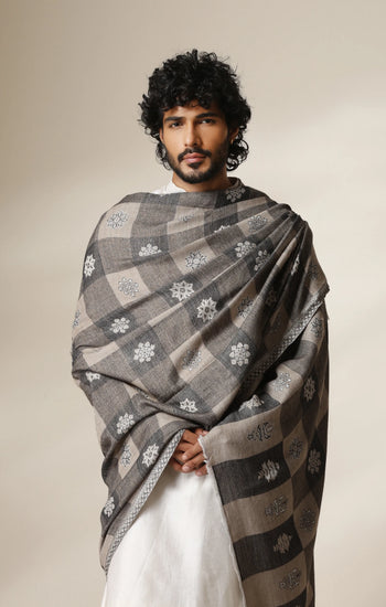 Dusala Grey Heritage Kani Check Shawl for Men & Women