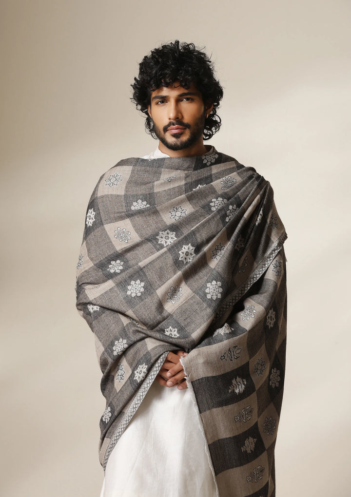 Dusala Grey Heritage Kani Check Shawl for Men &amp; Women