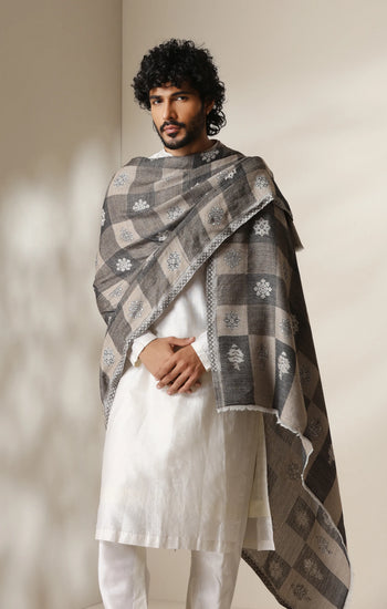 Dusala Grey Heritage Kani Check Shawl for Men & Women