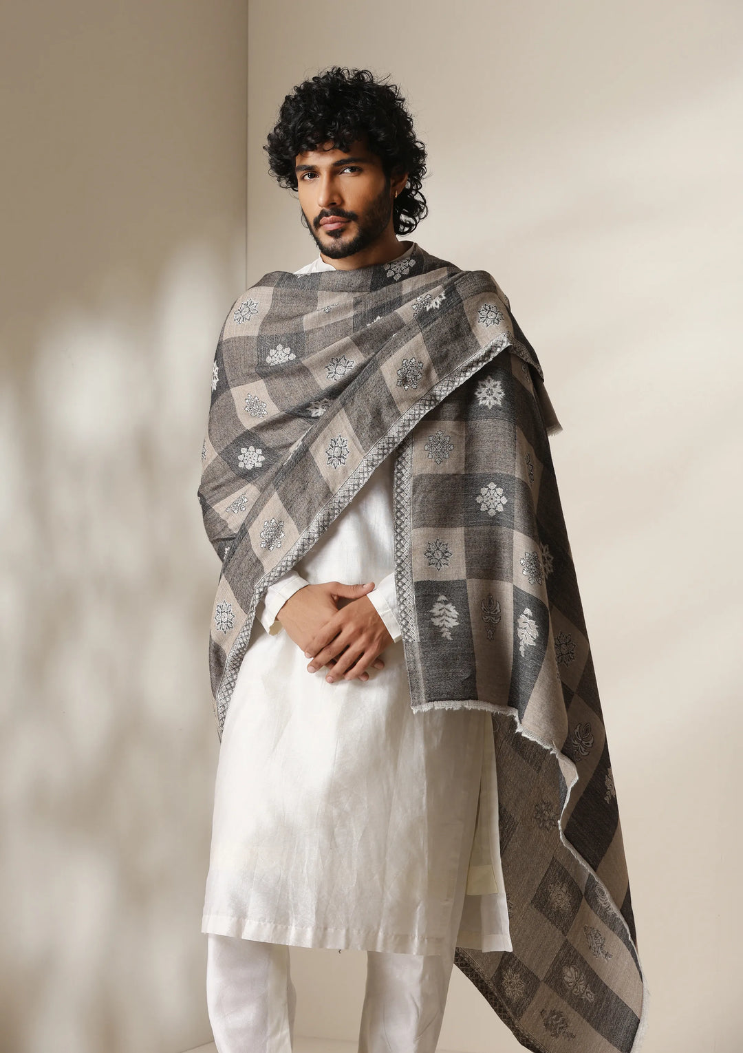 Dusala Grey Heritage Kani Check Shawl for Men &amp; Women