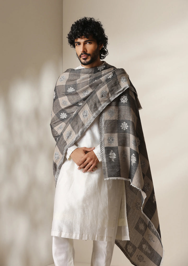 Dusala Grey Heritage Kani Check Shawl for Men &amp; Women