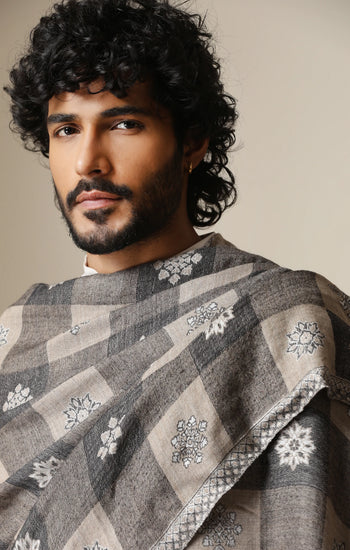 Dusala Grey Heritage Kani Check Shawl for Men & Women