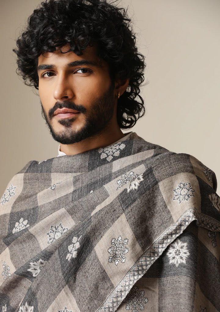 Dusala Grey Heritage Kani Check Shawl for Men &amp; Women