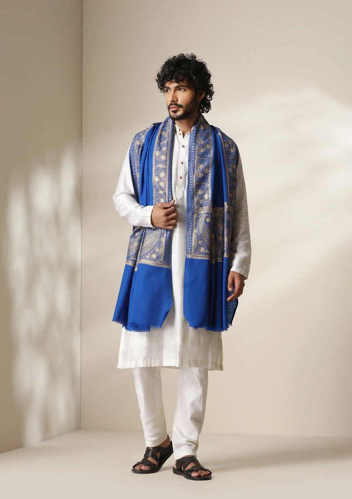 Dusala Royal Azure Zari Embroidery Shawl for Men &amp; Women