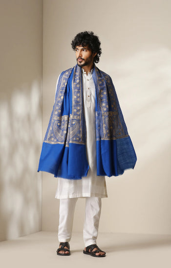 Dusala Royal Azure Zari Embroidery Shawl for Men & Women
