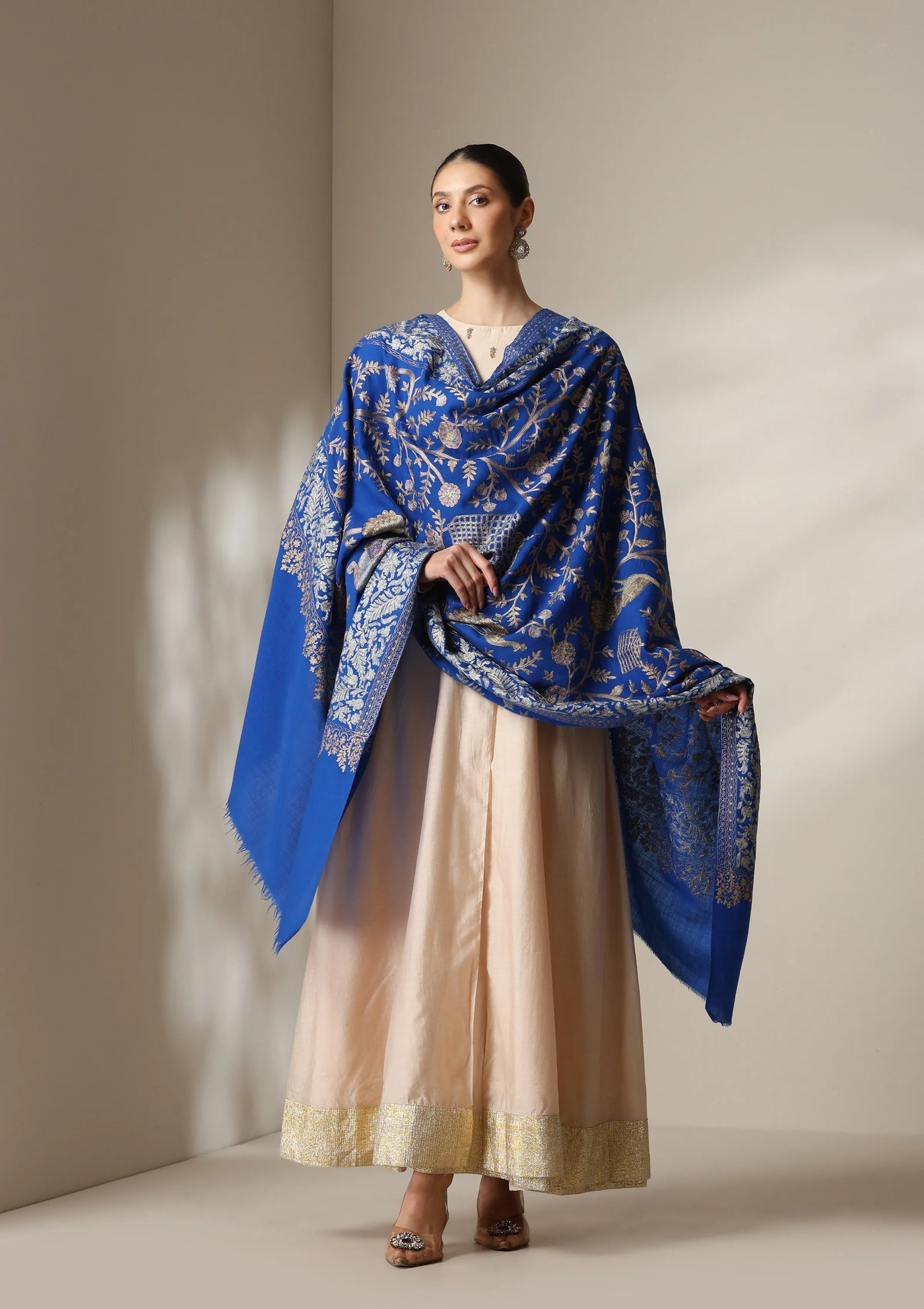 Dusala Royal Blue Aari Embroidery Fine Wool Shawl