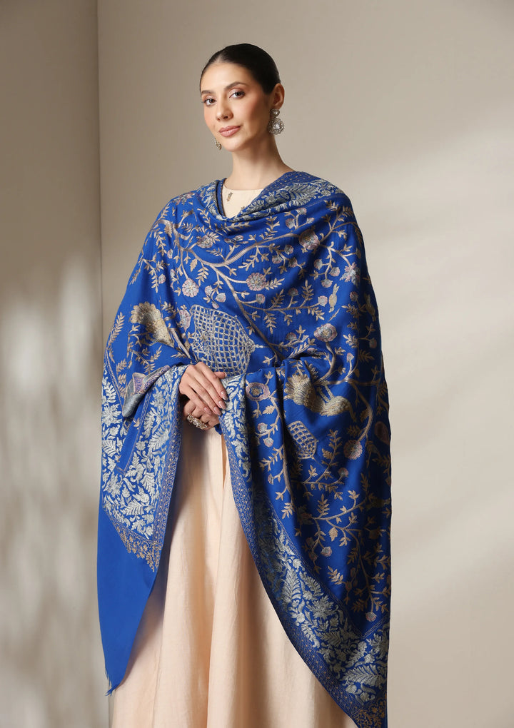 Dusala Royal Blue Aari Embroidery Fine Wool Shawl