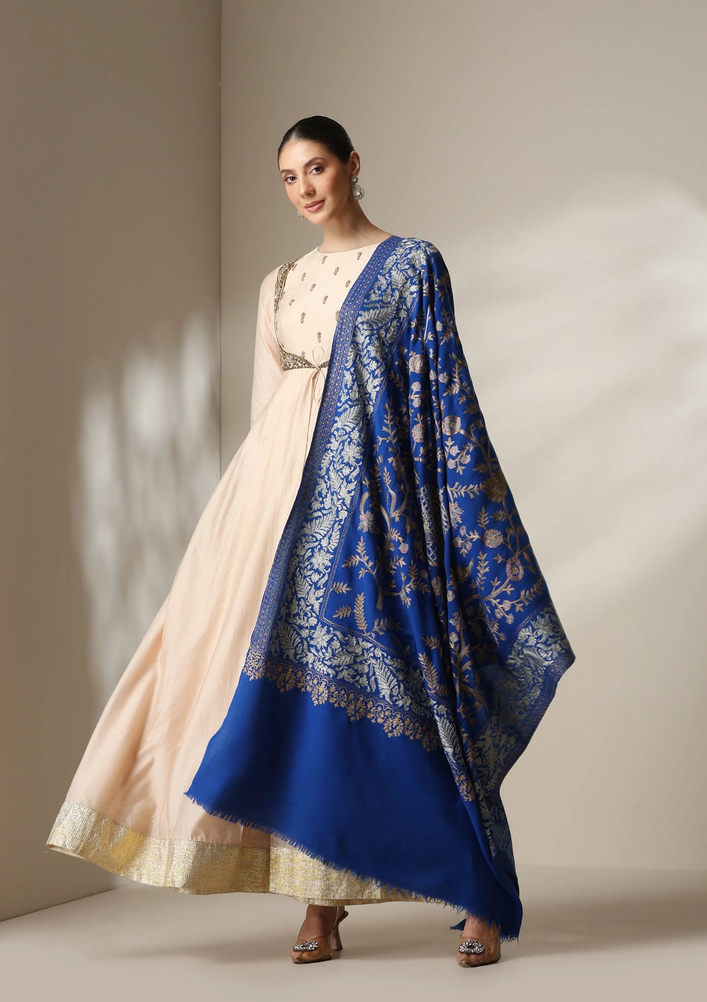 Dusala Royal Blue Aari Embroidery Fine Wool Shawl